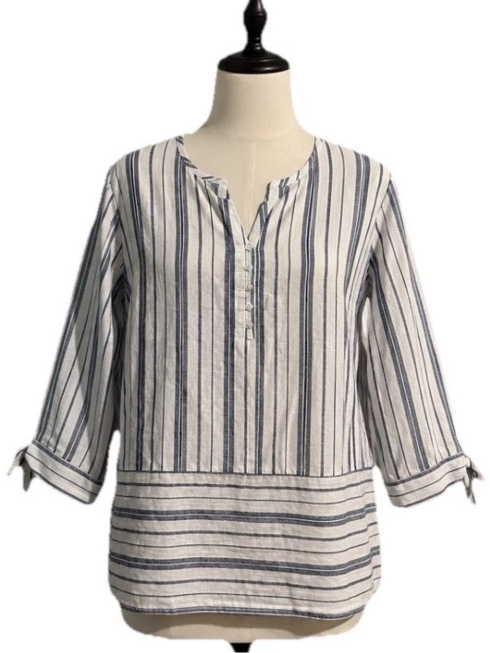 Liz Claiborne Women's Size L Linen Blend Striped Button Split Sleeves Tunic Top